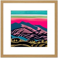 Artery8 Countryside Morning Hills Landscape Colourful Pastel Linocut Illustration Square Wooden Framed Wall Art Print Picture 8X8 Inch in Light Oak