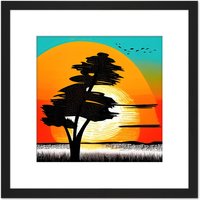 Artery8 Lone Black Tree Countryside Bright Colourful Sunrise Linocut Illustration Square Wooden Framed Wall Art Print Picture 8X8 Inch