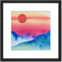 Artery8 Landscape Red Sun Sunset Modern Watercolour Illustration Square Wooden Framed Wall Art Print Picture 8X8 Inch in Black