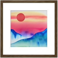 Artery8 Landscape Red Sun Sunset Modern Watercolour Illustration Square Wooden Framed Wall Art Print Picture 8X8 Inch in Brown