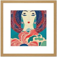 Artery8 Geisha Art Deco Portrait Blue Pink Red Pattern Linocut Illustration Square Wooden Framed Wall Art Print Picture 8X8 Inch in Light Oak
