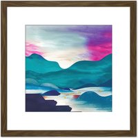 Artery8 River Landscape With Hills At Sunset Blue & Purple Watercolour Illustration Square Wooden Framed Wall Art Print Picture 8X8 Inch in Brown