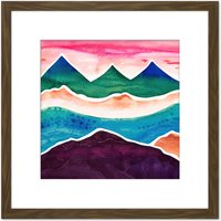 Artery8 Watercolour Himalayan Mountain Range Blood Red Sky Colourful Square Wooden Framed Wall Art Print Picture 8X8 Inch in Brown