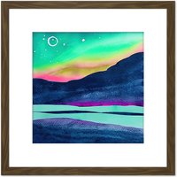 Artery8 Northern Lights Aurora Borealis Midnight Sun Mountain Landscape Square Wooden Framed Wall Art Print Picture 8X8 Inch in Brown