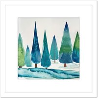 Artery8 Colourful Pine Trees Wintery Artic Naive Folk Art Style Square Wooden Framed Wall Art Print Picture 8X8 Inch in White