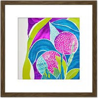 Artery8 Abstract Purple Green Blue Floral Illustration Bright & Colourful Square Wooden Framed Wall Art Print Picture 8X8 Inch in Brown
