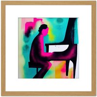 Artery8 Abstract Watercolour Jazz Piano Bar Pianist Pink & Blue Modern Illustration Square Wooden Framed Wall Art Print Picture 8X8 Inch in Light Oak