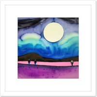 Artery8 Modern Watercolour Night Harvest Moon Landscape Square Wooden Framed Wall Art Print Picture 8X8 Inch in White