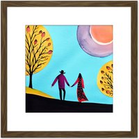 Artery8 Evening Walk In Autumn Fall Couple In Love Holding Hands. Square Wooden Framed Wall Art Print Picture 8X8 Inch in Brown