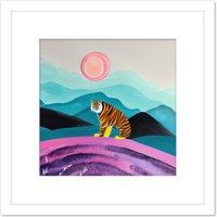 Artery8 Surreal Bengal Tiger Hunts Under A Pink Moon Square Wooden Framed Wall Art Print Picture 8X8 Inch in White