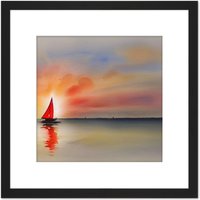 Artery8 Into The Sunset Watercolour Sailing Red Sail Boat On Calm Sea Square Wooden Framed Wall Art Print Picture 8X8 Inch in Black