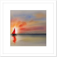 Artery8 Into The Sunset Watercolour Sailing Red Sail Boat On Calm Sea Square Wooden Framed Wall Art Print Picture 8X8 Inch in White