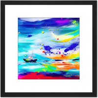 Artery8 Vibrant Rainbow Boat Painting Ocean Storm Bold Colourful Square Wooden Framed Wall Art Print Picture 8X8 Inch in Black