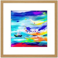 Artery8 Vibrant Rainbow Boat Painting Ocean Storm Bold Colourful Square Wooden Framed Wall Art Print Picture 8X8 Inch in Light Oak