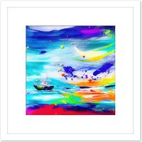 Artery8 Vibrant Rainbow Boat Painting Ocean Storm Bold Colourful Square Wooden Framed Wall Art Print Picture 8X8 Inch in White