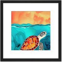 Artery8 Red Shelled Loggerhead Sea Turtle Illustration Square Wooden Framed Wall Art Print Picture 8X8 Inch in Black