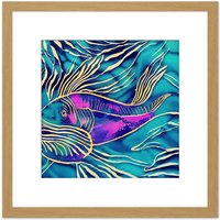 Artery8 Ocean Purple Blue Fish Aquarium Ocean Fish Watercolour Square Wooden Framed Wall Art Print Picture 8X8 Inch in Light Oak