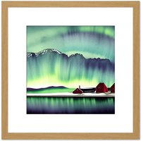 Artery8 Northern Lights Snow Mountain Lake Norway Vibrant Sky Red Barn Square Wooden Framed Wall Art Print Picture 8X8 Inch in Light Oak