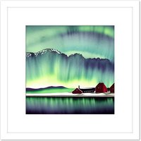 Artery8 Northern Lights Snow Mountain Lake Norway Vibrant Sky Red Barn Square Wooden Framed Wall Art Print Picture 8X8 Inch in White