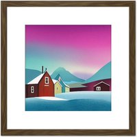 Artery8 Purple Sky Northern Lights Sweden Snow Mountain Lake Vibrant Sky Square Wooden Framed Wall Art Print Picture 8X8 Inch in Brown