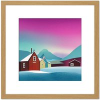 Artery8 Purple Sky Northern Lights Sweden Snow Mountain Lake Vibrant Sky Square Wooden Framed Wall Art Print Picture 8X8 Inch in Light Oak