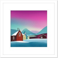 Artery8 Purple Sky Northern Lights Sweden Snow Mountain Lake Vibrant Sky Square Wooden Framed Wall Art Print Picture 8X8 Inch in White