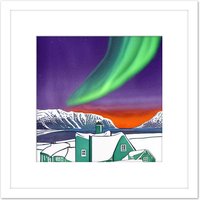 Artery8 Northern Lights Mountain Lake Vibrant Green Over House Sky Winter Landscape Square Wooden Framed Wall Art Print Picture 8X8 Inch in White