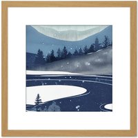 Artery8 Mountain Pine Forest Winter Wonderland Lake Watercolour Square Wooden Framed Wall Art Print Picture 8X8 Inch in Light Oak