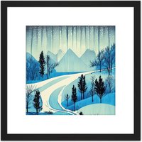 Artery8 Northern Lights Aurora Mountain Pine Forest Winter Blue River Rocks Watercolour Square Wooden Framed Wall Art Print Picture 8X8 Inch in Black