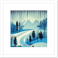 Artery8 Northern Lights Aurora Mountain Pine Forest Winter Blue River Rocks Watercolour Square Wooden Framed Wall Art Print Picture 8X8 Inch in White