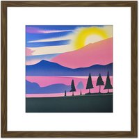 Artery8 Sunset Mountain Forest Winter Lake Magenta Watercolour Square Wooden Framed Wall Art Print Picture 8X8 Inch in Brown