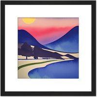Artery8 Modern Sunset Pink Abstract Lake Windermere Watercolour Painting Square Wooden Framed Wall Art Print Picture 8X8 Inch in Black
