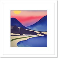 Artery8 Modern Sunset Pink Abstract Lake Windermere Watercolour Painting Square Wooden Framed Wall Art Print Picture 8X8 Inch in White