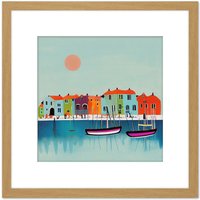 Artery8 Fishing Harbour Sri Lanka Colourful Huts Boats Illustration Square Wooden Framed Wall Art Print Picture 8X8 Inch in Light Oak