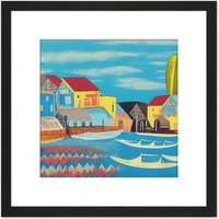 Artery8 Modern Contemporary Abstract Folk Art Fishing Harbour Village Collage Square Wooden Framed Wall Art Print Picture 8X8 Inch in Black