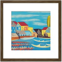 Artery8 Modern Contemporary Abstract Folk Art Fishing Harbour Village Collage Square Wooden Framed Wall Art Print Picture 8X8 Inch in Brown