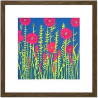 Artery8 Meadow Wild Flowers Floral Painting Yellow Blue Purple Pink Green Square Wooden Framed Wall Art Print Picture 8X8 Inch in Brown