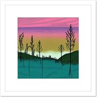 Artery8 Forest Hill Sunset Sunrise Sky Landscape Painting Pink Purple Green Teal Square Wooden Framed Wall Art Print Picture 8X8 Inch in White