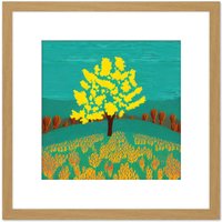 Artery8 Bright Yellow Tree On Turquoise Hill Modern Autumn Illustration Square Wooden Framed Wall Art Print Picture 8X8 Inch in Light Oak