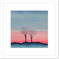 Artery8 Two Winter Trees Sunset Simple Landscape Soft Watercolour Painting Square Wooden Framed Wall Art Print Picture 8X8 Inch in White