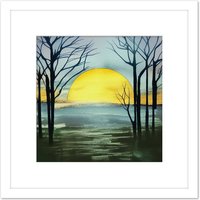 Artery8 Silhouette Trees At Sunset Sunrise Winter Forest Green Watercolour Painting Square Wooden Framed Wall Art Print Picture 8X8 Inch in White