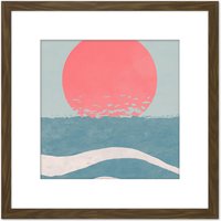 Artery8 Japan Inspired Ocean Sunset Sunrise Seascape Abstract Pastel Painting Square Wooden Framed Wall Art Print Picture 8X8 Inch in Brown