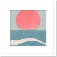 Artery8 Japan Inspired Ocean Sunset Sunrise Seascape Abstract Pastel Painting Square Wooden Framed Wall Art Print Picture 8X8 Inch in White