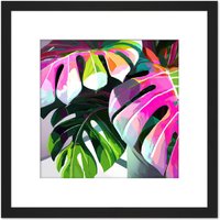Artery8 Monstera Bright Jungle Tropical Plant Leaf Leaves Pink Orange Green Pastel Oil Painting Square Wooden Framed Wall Art Print Picture 8X8 Inch