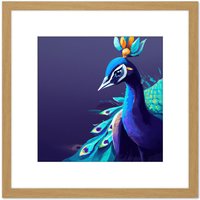 Artery8 Peacock Peafowl Navy Blue Bird Nature Modern Contemporary Watercolour Painting Square Wooden Framed Wall Art Print Picture 8X8 Inch