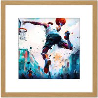 Artery8 City Basketball Slam Dunk Sport Splatter Watercolour Painting Teal Orange Square Wooden Framed Wall Art Print Picture 8X8 Inch in Light Oak