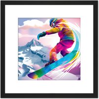 Artery8 Snowboarder Snowboarding Vibrant Watercolour Multicoloured Snow Mountain Winter Sport Square Wooden Framed Wall Art Print Picture 8X8 Inch
