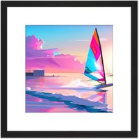 Artery8 Pink Skies Seascape Windsurfer Windsurfing Bright Vibrant Watercolour Sport Square Wooden Framed Wall Art Print Picture 8X8 Inch in Black