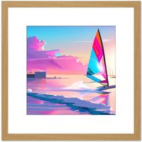 Artery8 Pink Skies Seascape Windsurfer Windsurfing Bright Vibrant Watercolour Sport Square Wooden Framed Wall Art Print Picture 8X8 Inch in Light Oak