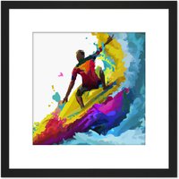 Artery8 Surfer Cutback In Motion Vibrant Abstract Multicoloured Watercolour Painting Surfing Water Sport Square Wooden Framed Wall Art Print Picture
